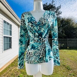 JENNIFER LOPEZ Teal and Black Animal Print Wrap Blouse